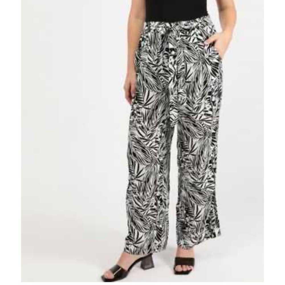 Women's Haver + Blair London Tropical‎ Palm Print Wide Leg Pant  M black white